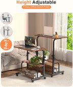 Portable Rolling Desk on Wheels Adjustable Height Desks for Small Spaces, 32" Computer Desk with Storage Shelves for Home Office Rustic