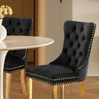 Velvet Upholstered Dining Chairs Set of 2, Modern Style Kitchen Side Chairs with Nailhead Trim and Gold Plated Leg, Metal Pulling Ring for Dining Room Living Room(Black,Set of 2)