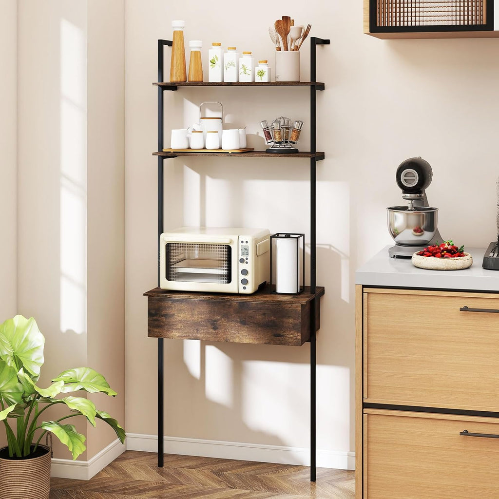 Giantex 4-Tier Ladder Bookshelf Set of 2, Wall Mounted Storage Shelf | Industrial Open Display Shelf w/2 Anti-Tipping Kits, Drawer & Metal Frame, Compact Storage Organizer for Living Room, Office