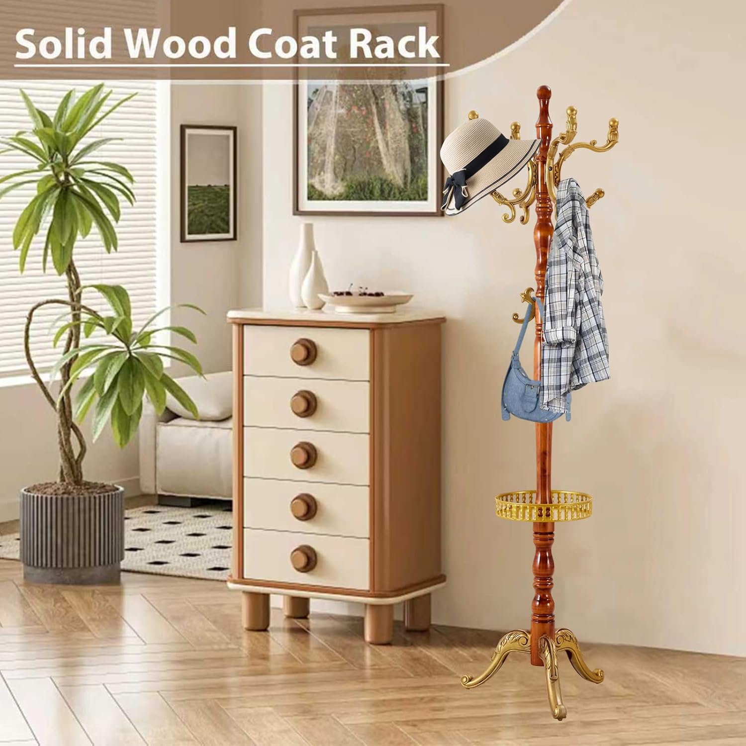 Solid Wooden Coat Rack Stand, Coat Racks Freestanding with 14 Hooks, Natural Birch Wood Coat stands with Sturdy Round Base, Tree Coat Hanger Standing for Entryway Bedroom Office（Begonia triangle2）