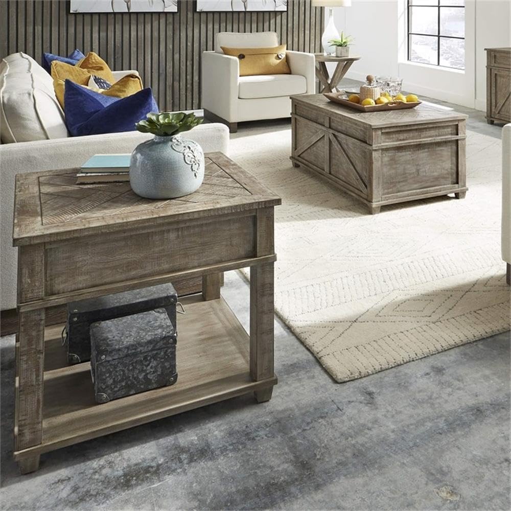 Pemberly Row 3 Piece Pine Wood Living Room Table Set, Weathered Taupe Finish,...