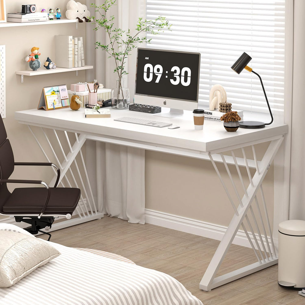 FOLUBAN White Desk, Modern Wood and Metal Computer Desk for Home Office, Simp...