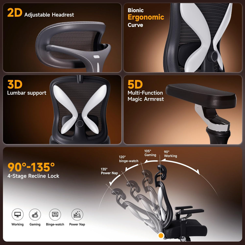amseatec Mesh Office Chair with Headrest, Ergonomic Reclining Desk Chair | 5D...