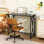 Folding Desk, 31.5" Small Desk for Bedroom with Power Outlet, Space Saving Foldable Computer Desk for Home Office, Easy Assembly, Black