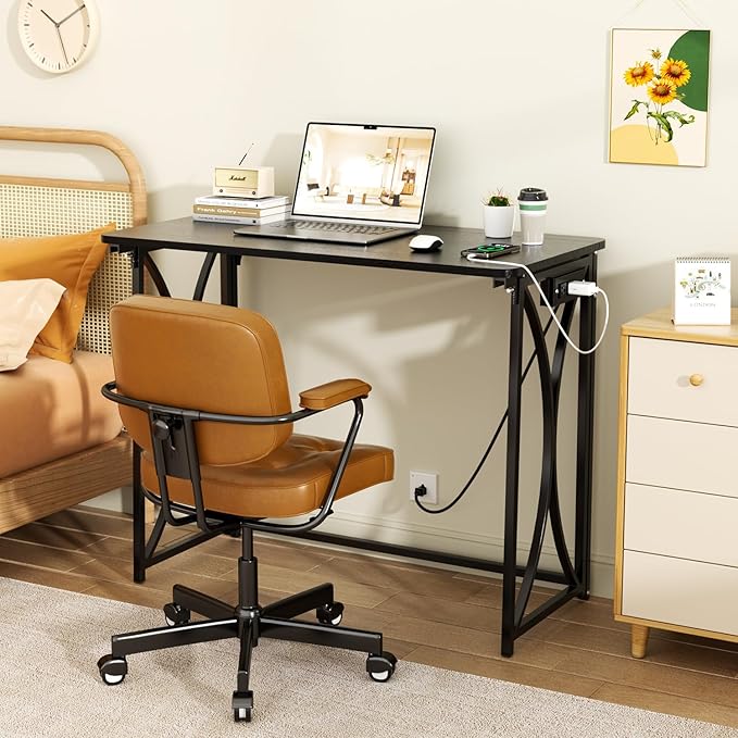 Folding Desk, 31.5" Small Desk for Bedroom with Power Outlet, Space Saving Foldable Computer Desk for Home Office, Easy Assembly, Black