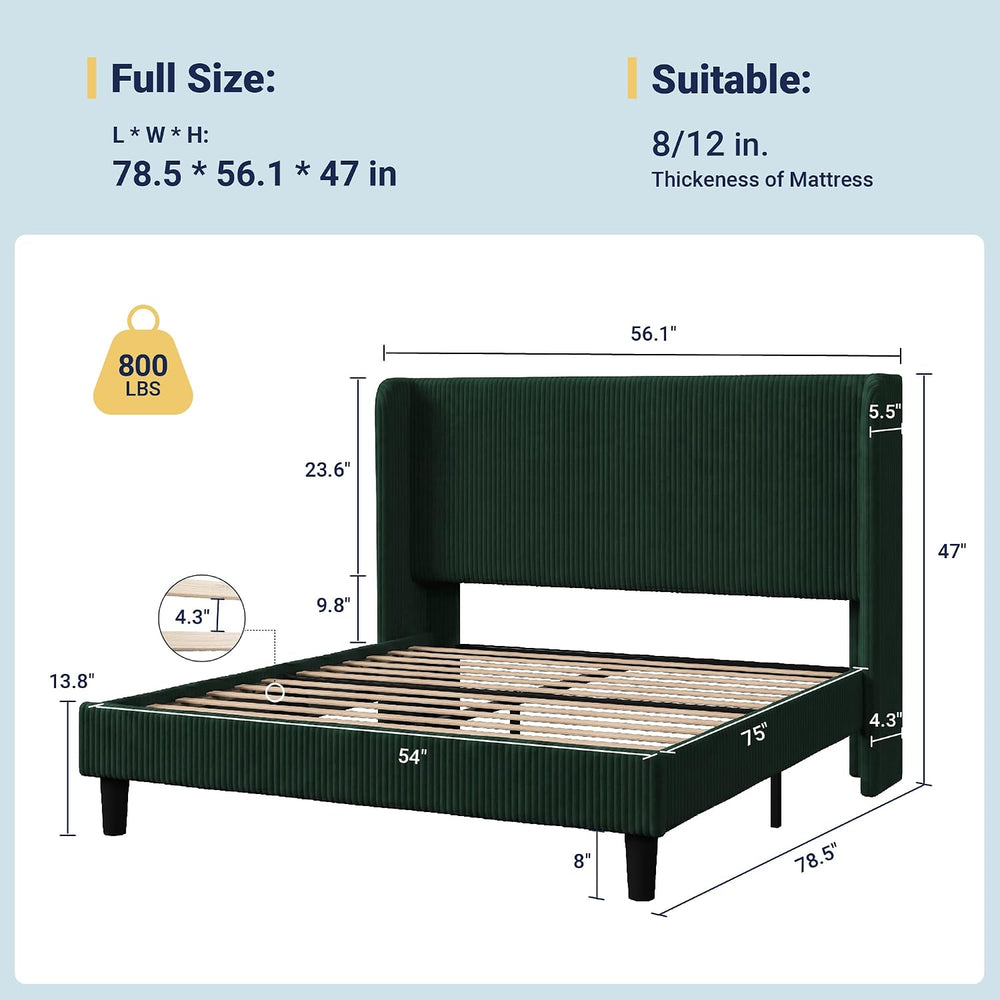 Allewie Full Size Platform Bed with Corduroy Wingback Headboard, Green