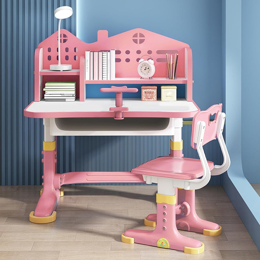 Kids Desk and Chair Set, Kids Functional Desk and Chair Set for Kids 6-12, Height Adjustable Children Study Desk, Upgraded Writing Study Table, Suitable Gift for Girls Boys (Pink)