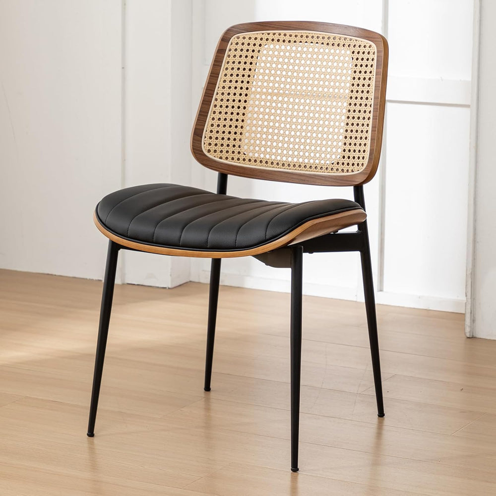 Rattan Dining Room Chairs Set of 4,Mid Century Black PU Leather Kitchen Chair...