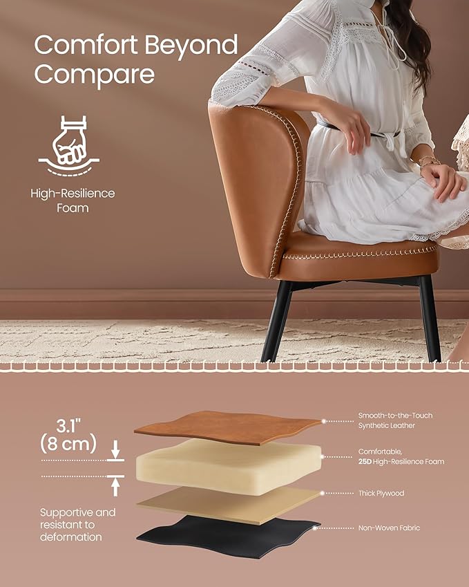 VASAGLE EKHO Collection - Dining Chairs Set of 6, Upholstered Kitchen Chairs, Comfortable Seat, Synthetic Leather with Stitching, Mid-Century Modern, Easy Assembly, Living Room Lounge, Caramel Brown