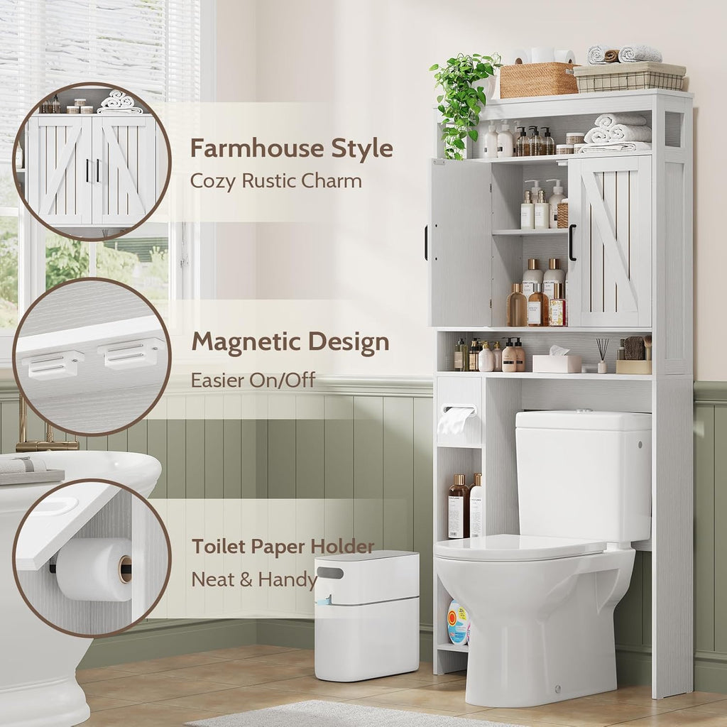 Over The Toilet Storage Cabinet with 2 Barn Doors & Built-in Toilet Paper Holder, Farmhouse Space-Saving Organizer for Bathrooms and Laundry Room, White