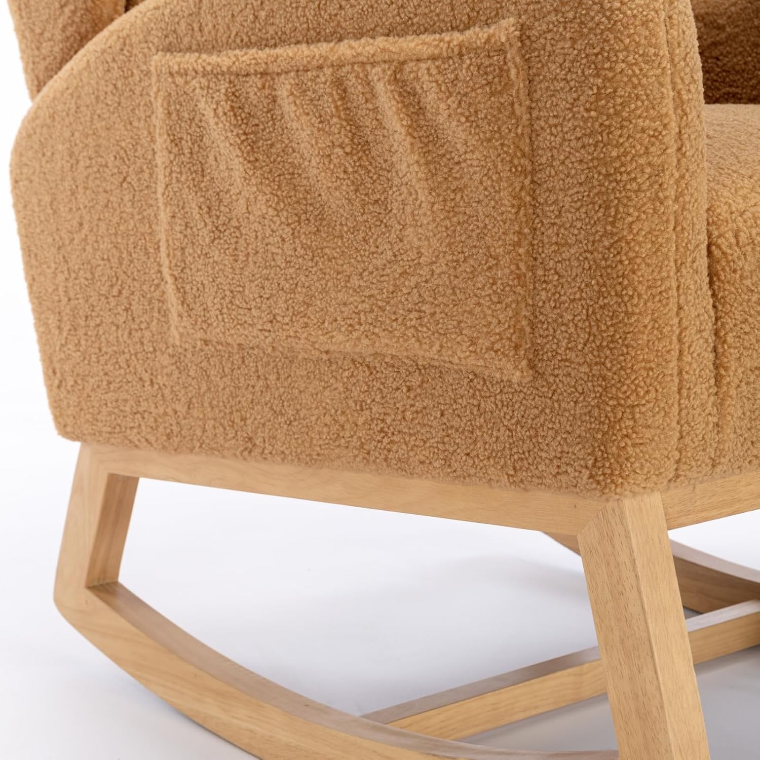 Khaki Teddy Fabric Rocking Chair with Solid Wood Legs