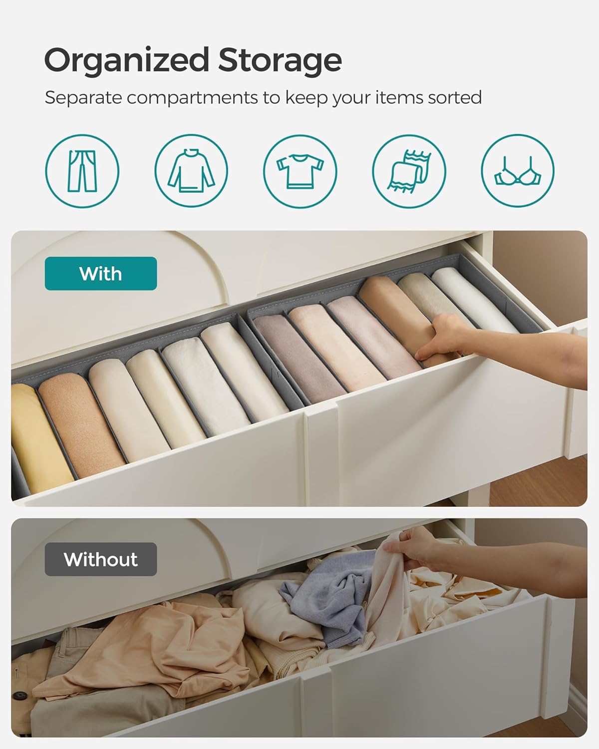 SONGMICS Set of 4 Large Size Wardrobe Clothes Organizers, 6-Compartment Foldable Drawer Organizers with Handles, 16.5 x 11.8 x 6.7 Inches, for Pants, Sweaters, Jeans, Dove Gray URUS009G04