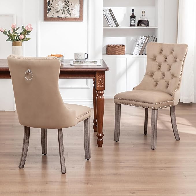 Velvet Dining Chairs Set of 4, Upholstered Dining Room Chairs with Nailhead Ring Pull Trim, Button Tufted Wing Back Chairs for Dining with Solid Wood Legs for Kitchen Dining Room(Khaki)