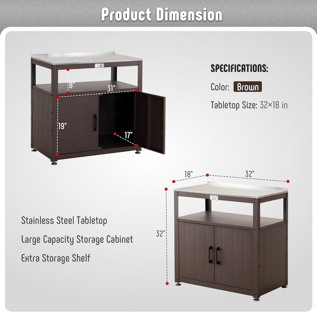 Garden Potting Bench with Storage Cabinet, Outdoor Gardening Table & Work Bench for Plants, Horticulture, Outdoor Workstation with Stainless Steel Tabletop, Outdoor Work Table