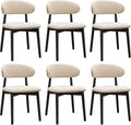 Farmhouse Dining Chairs Set of 6, Mid Century Modern Fabric Upholstered Kitchen Chairs, Wooden Dining Room Chair with Curved Back&Black Legs for Kitchen Dining Room Restaurant Cafe, Beige, Only Chairs