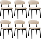 Farmhouse Dining Chairs Set of 6, Mid Century Modern Fabric Upholstered Kitchen Chairs, Wooden Dining Room Chair with Curved Back&Black Legs for Kitchen Dining Room Restaurant Cafe, Beige, Only Chairs