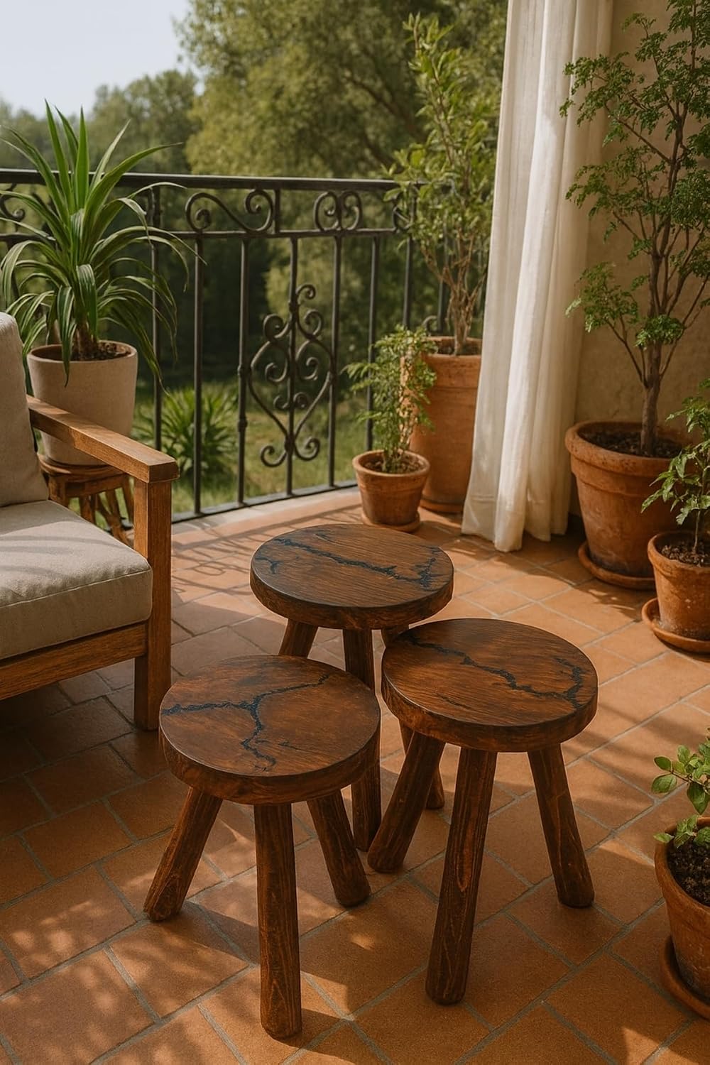 SODEF Set of 3 Round Coffee Tables, Wood Side Tables, Classic Retro Style, Wa...