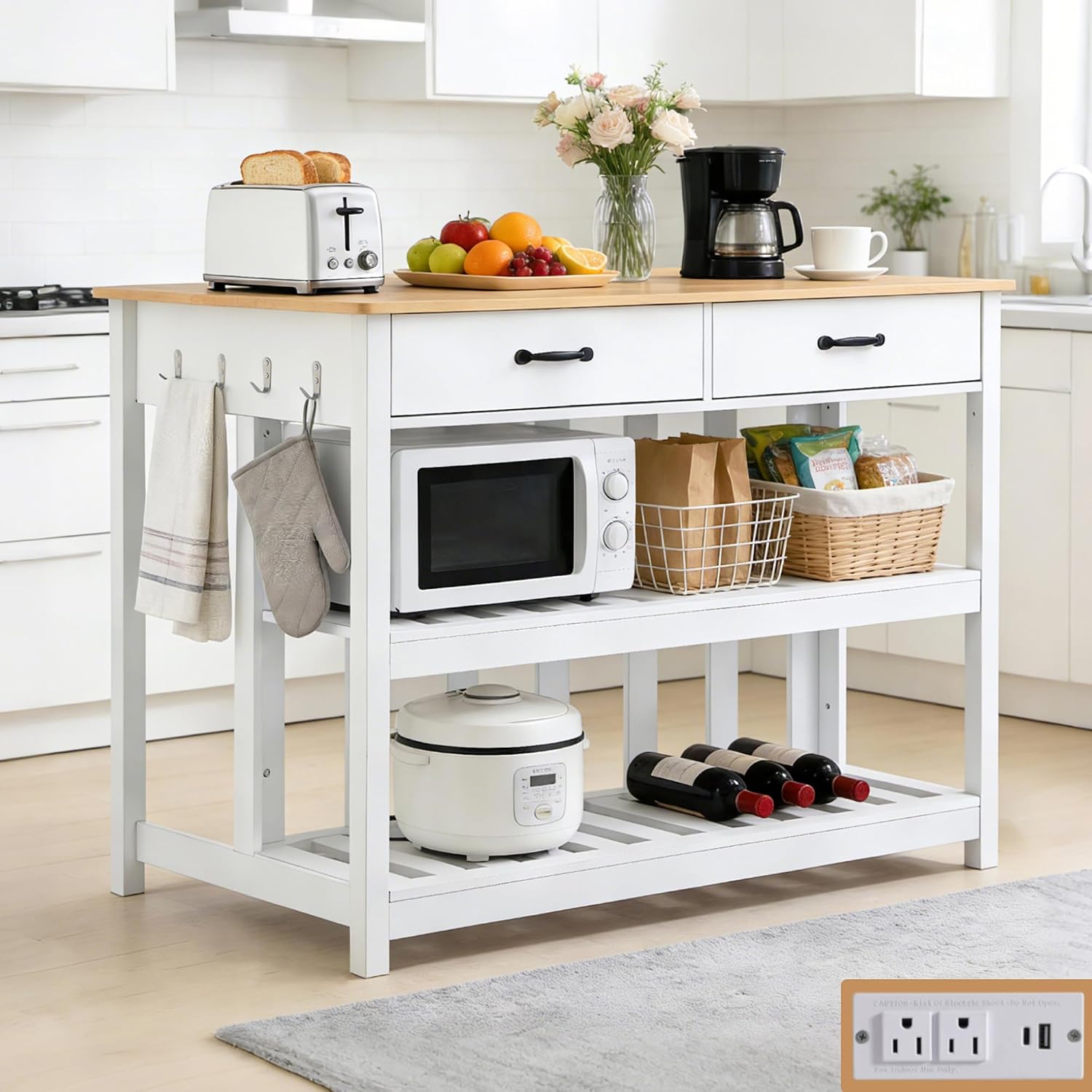 47.2" Kitchen Island with Storage & Wine Rack, Modern Stationary Island Table with Large Worktop - Features 3-Tier Shelf, 2 Drawers, Power Outlets & Hooks for Dining & Coffee Bar, White