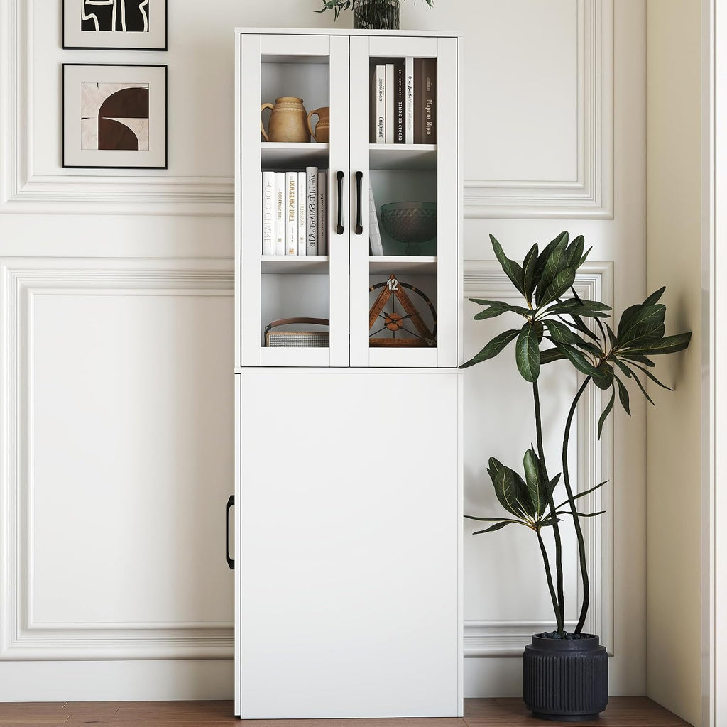 70.87" H Slim Display Storage Cabinet with 4 Tier Multi-Functional Pull-Out Shelves, Narrow Bookcase with 2 Glass Doors, Space Saving Storage Organizer for Kitchen Living Room Bathroom, White