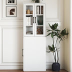 70.87" H Slim Display Storage Cabinet with 4 Tier Multi-Functional Pull-Out Shelves, Narrow Bookcase with 2 Glass Doors, Space Saving Storage Organizer for Kitchen Living Room Bathroom, White