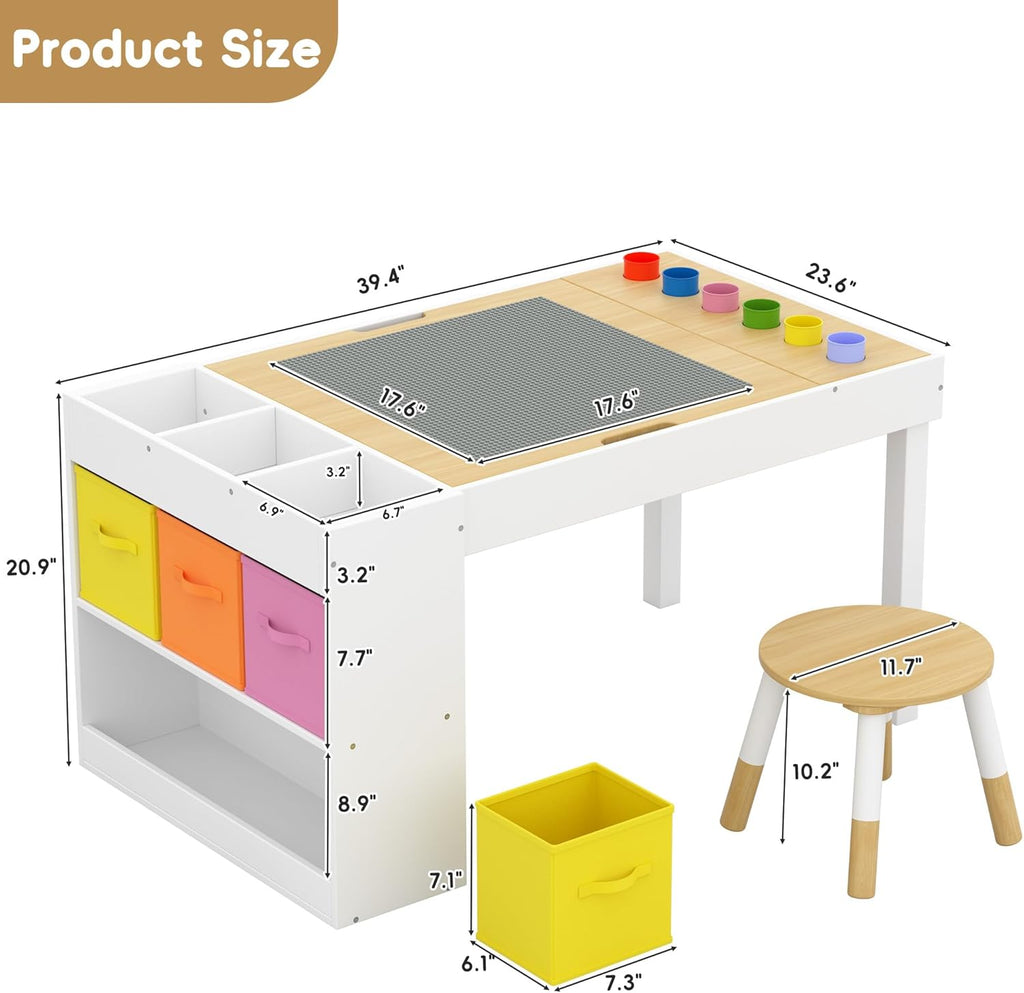Kids Art Table and Chairs Set with Storage, Wooden Craft Desk with 2 Stools, Child Drawing Table with Open Shelves, Paint Cups, Paper Roll, Bins, Toddler Play Table, 39" L x23 W