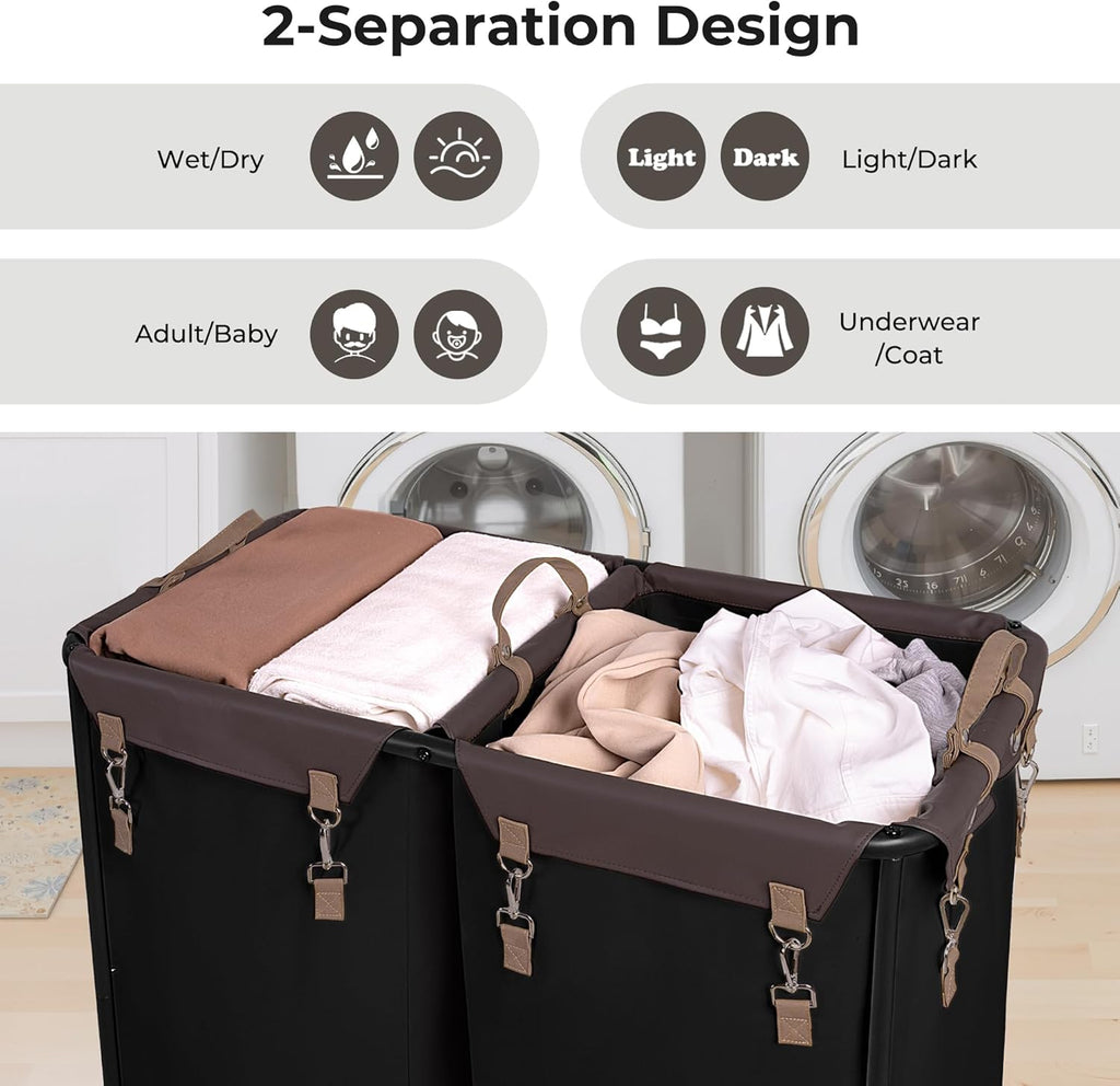 StorageWorks 280L Large Lanudry Hamper with Wheels, Laundry Basket with Wheels 2 Sections, Clothes Sorter Cart with Divider for Hotel, Home, Black, 1-Pack
