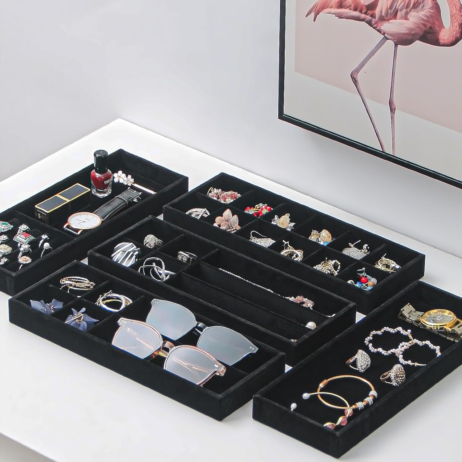 2Pcs Desk Drawer Storage Tray, Nightstand Organizer Tray, Necklace Bracelet Ring Earring Jewelry Display Tray, Grid Table Organizer Holder Tray for Sunglass, Phone, Watch, Perfume (1 grid)/Black