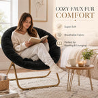 HealSmart Saucer Chair, Comfy Faux Fur Chair for Bedroom, Saucer Chairs for Adults, Teens, Round Shaped Moon Chair with Foldable Metal Frame, Black