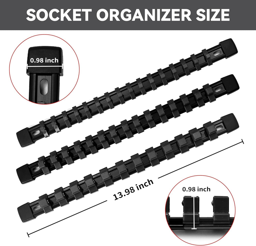 Socket Organizer Drive ABS Tools - Black Socket Holder, Premium Quality 6 Pieces Socket Holders Kit 1/4-Inch x 32 Clips, 3/8-Inch x 30 Clips, 1/2-Inch x 24 Clips（6PC,Black)