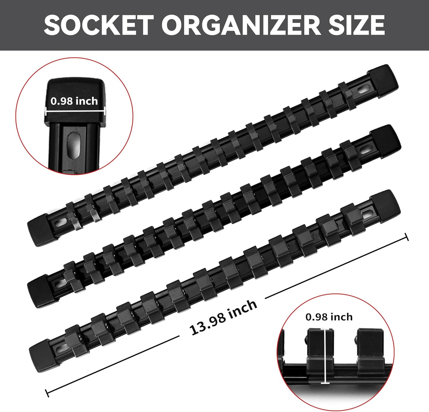 Socket Organizer Drive ABS Tools - Black Socket Holder, Premium Quality 6 Pieces Socket Holders Kit 1/4-Inch x 32 Clips, 3/8-Inch x 30 Clips, 1/2-Inch x 24 Clips（6PC,Black)