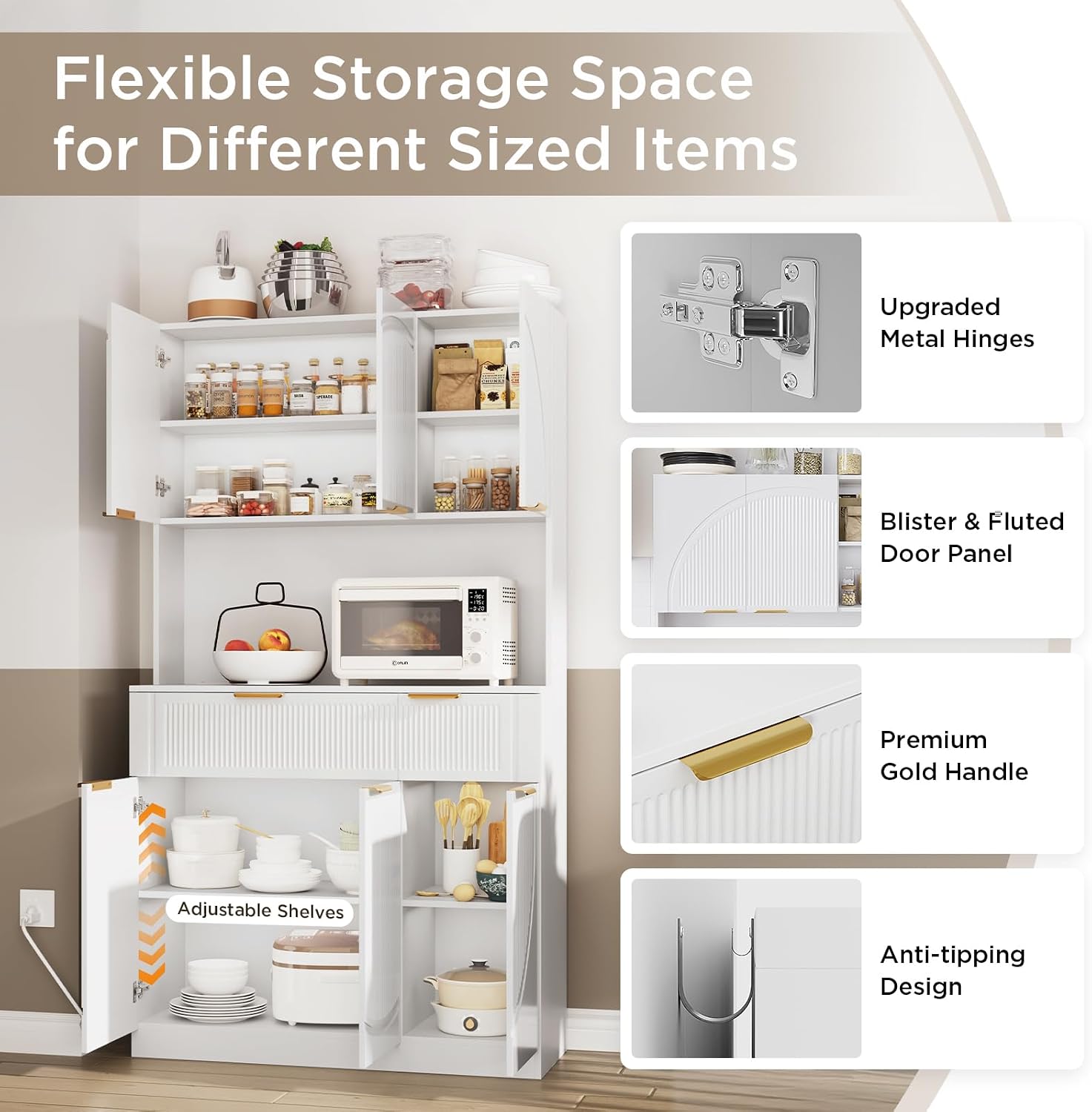 71" Kitchen Pantry Cabinet with Build-in Charging Station, White Modern Kitchen Cabinet Hutch with Drawers & Microwave Stand, Pantry Buffet with Countertop for Dining Room, White