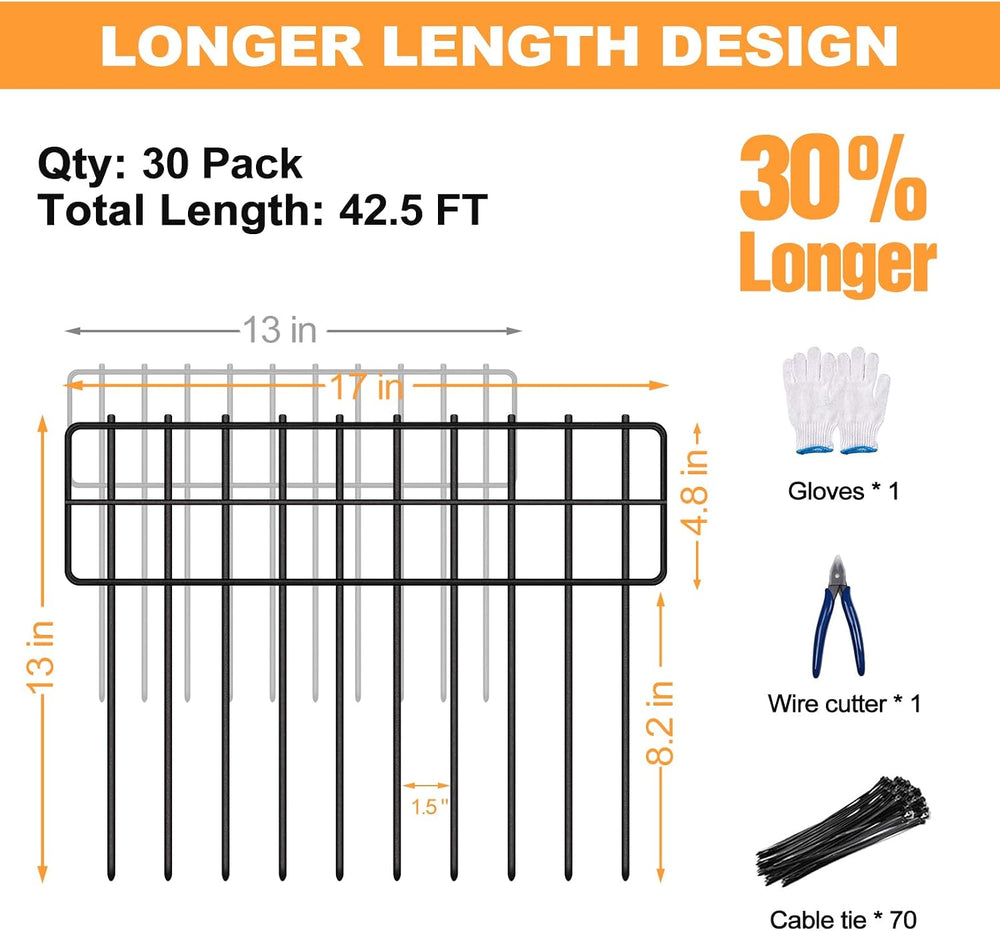 KYATE Garden Fence Animal Barrier, 30 Panels No Dig Fence 42.5ft(L) x13in(H),...