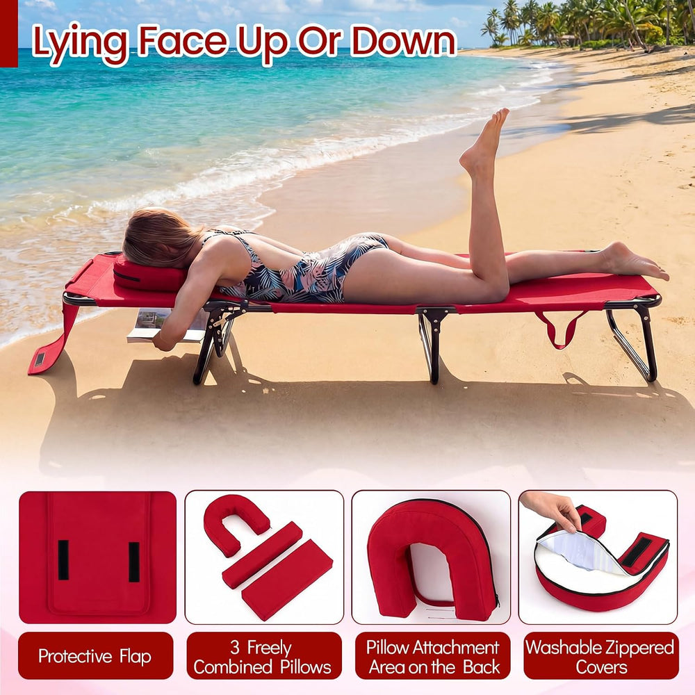 DREAMADE Tanning Chair, Adjustable Beach Lounge Chair w/Face Hole, Pillows, 4...