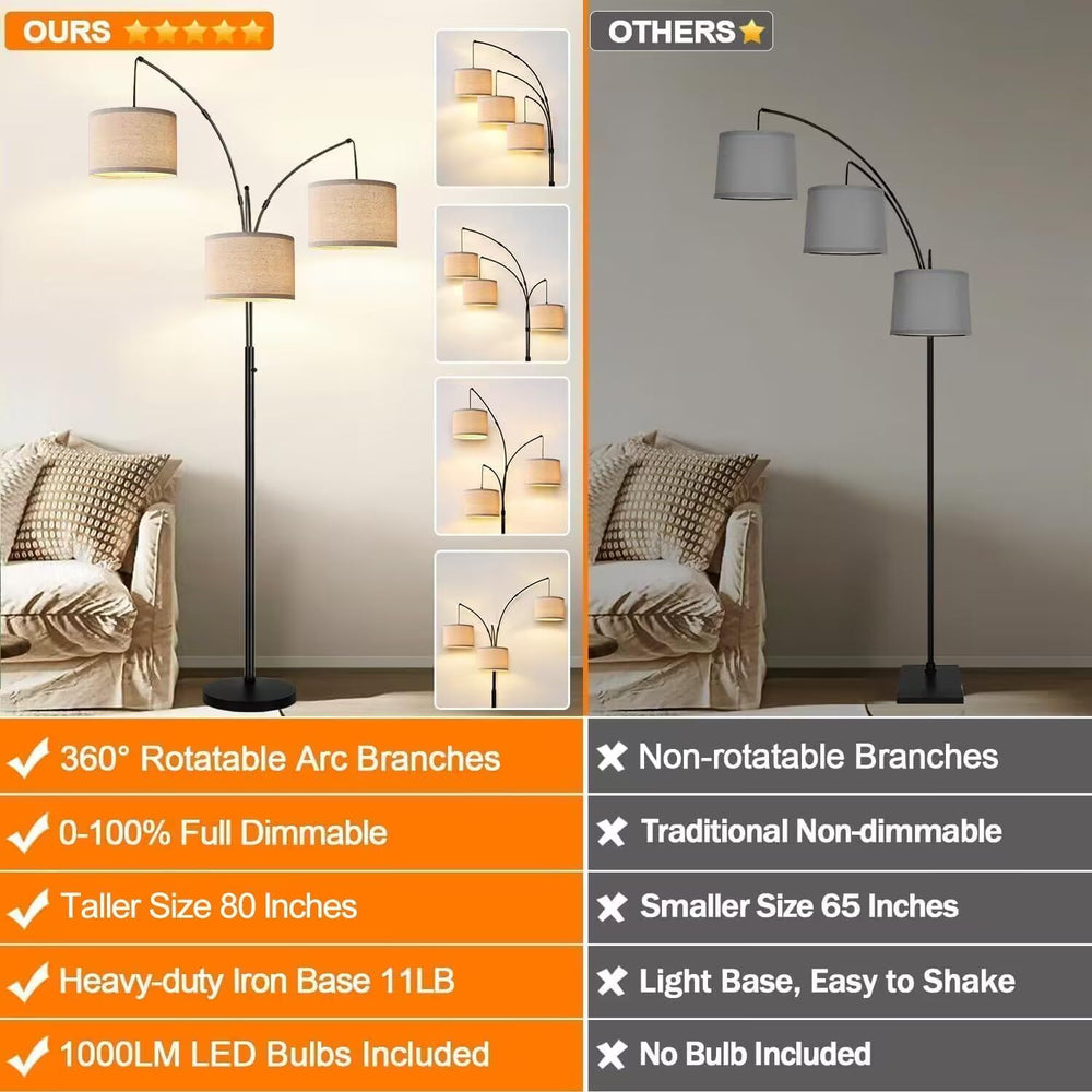Dimmable 3 Lights Floor Lamp - 3000LM Super Bright Arc Floor Lamps for Living...