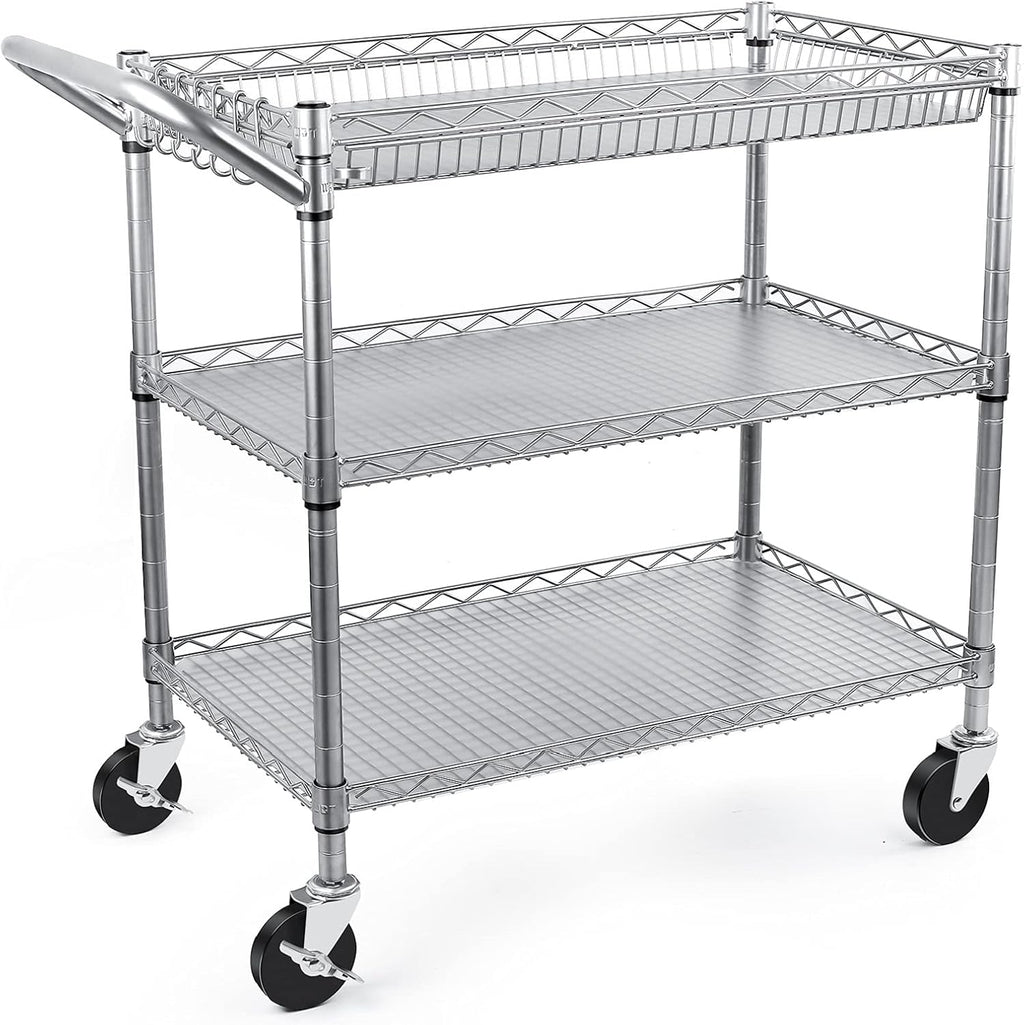 WDT Heavy Duty 3 Tier Utility Cart,990Lbs Capacity Wire Rolling Cart with Wheels, Commercial Grade Service Cart with Shelving Liners and Handle Bar Metal Carts for Kitchen Office Hardware, NSF Listed