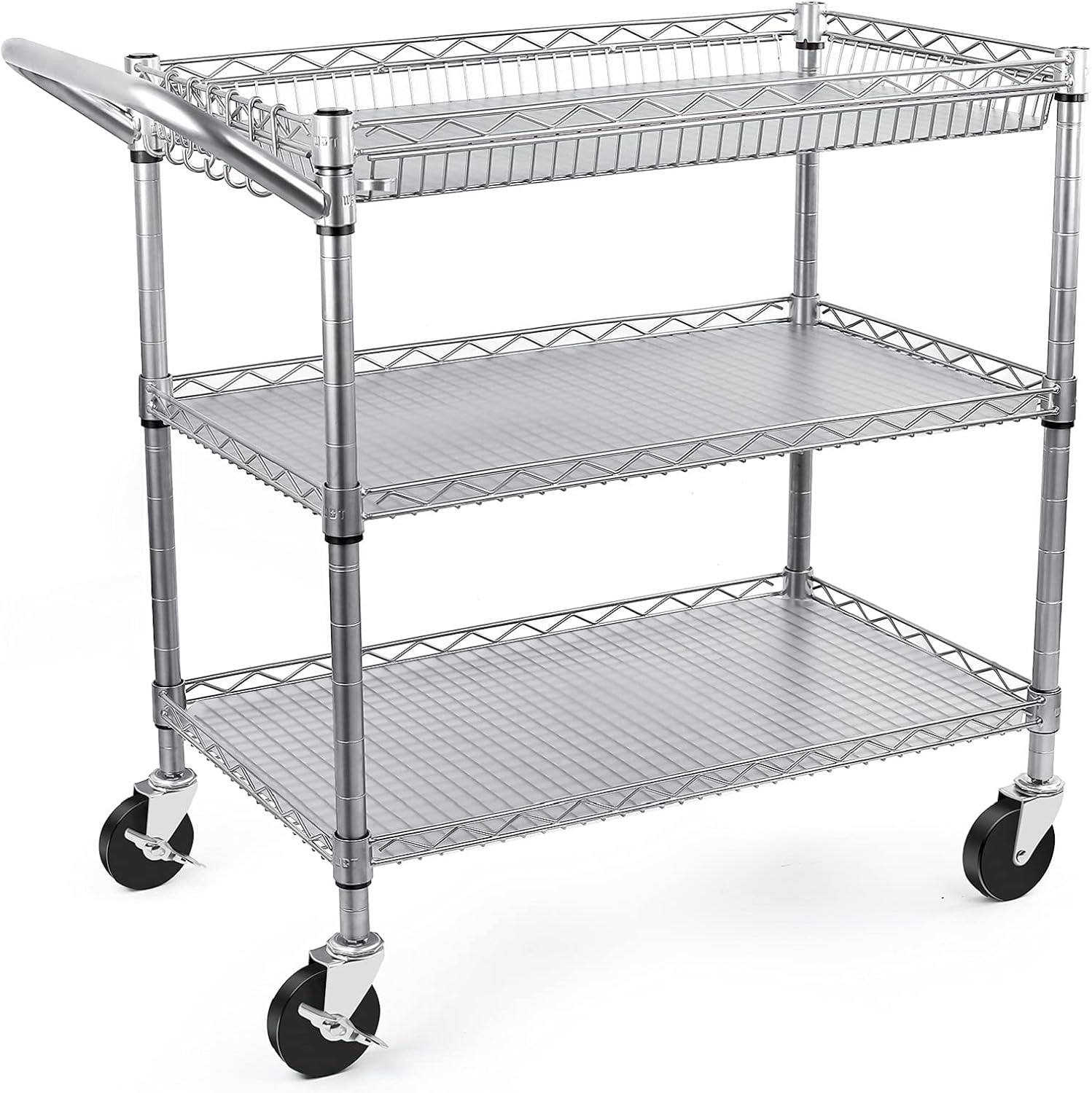 WDT Heavy Duty 3 Tier Utility Cart,990Lbs Capacity Wire Rolling Cart with Wheels, Commercial Grade Service Cart with Shelving Liners and Handle Bar Metal Carts for Kitchen Office Hardware, NSF Listed