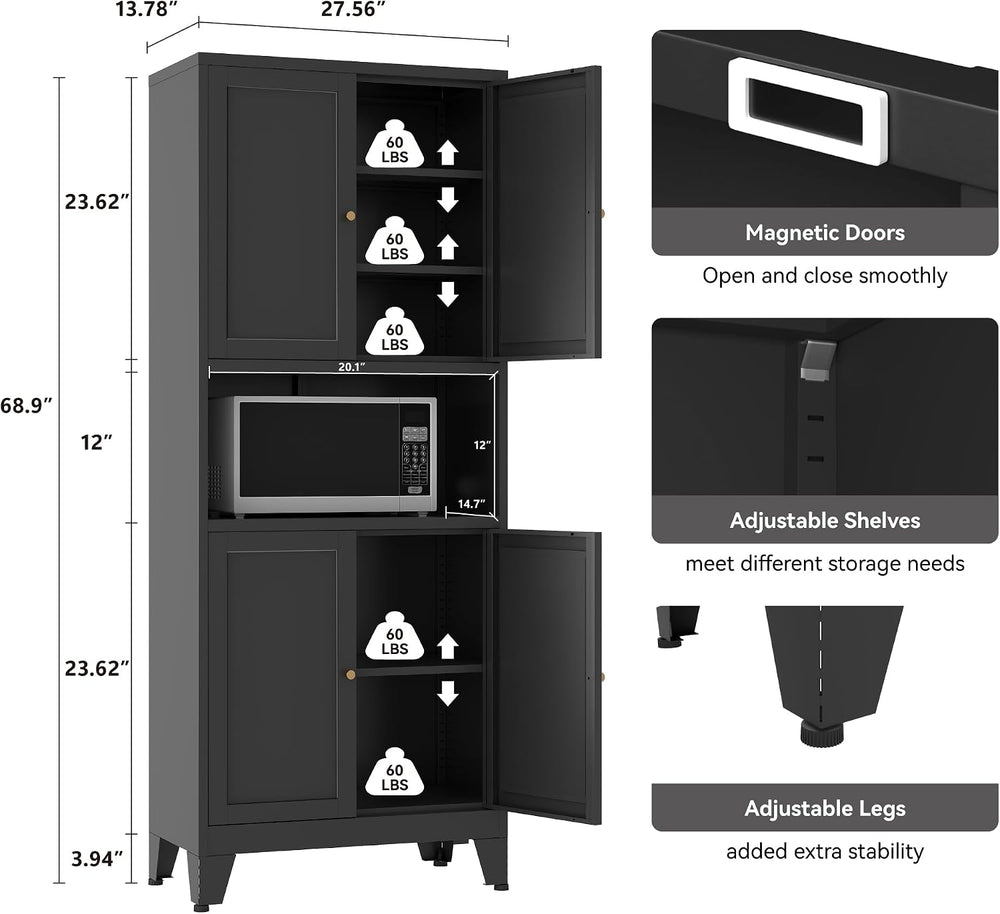 YAUWOH 69" Tall Metal Pantry Cabinet with Microwave Shelf, 4 Doors &...
