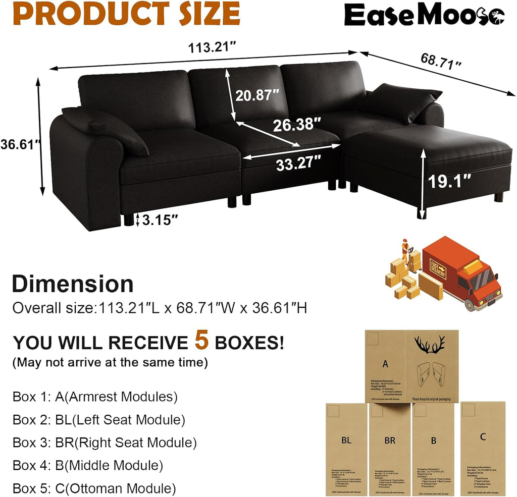 EASE MOOSE Oversized Modular Sectional Sofa, Waterproof & Scratch-Resistant Faux Leather Sofa with Deep Seat, Comfy L-Shaped Sofa with Storage Ottoman, Sectional Couches for Living Room, Black