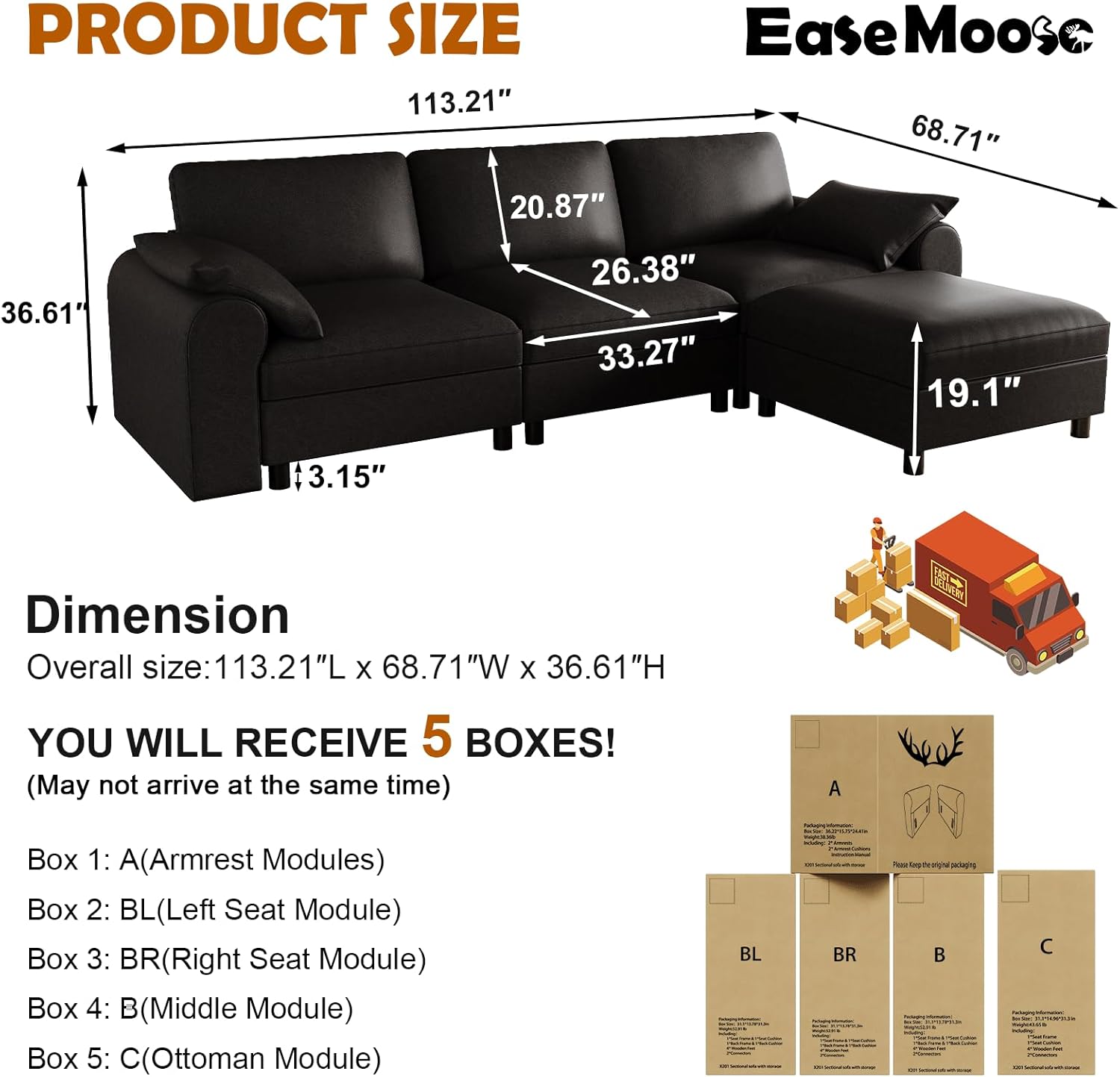 EASE MOOSE Oversized Modular Sectional Sofa, Waterproof & Scratch-Resistant Faux Leather Sofa with Deep Seat, Comfy L-Shaped Sofa with Storage Ottoman, Sectional Couches for Living Room, Black
