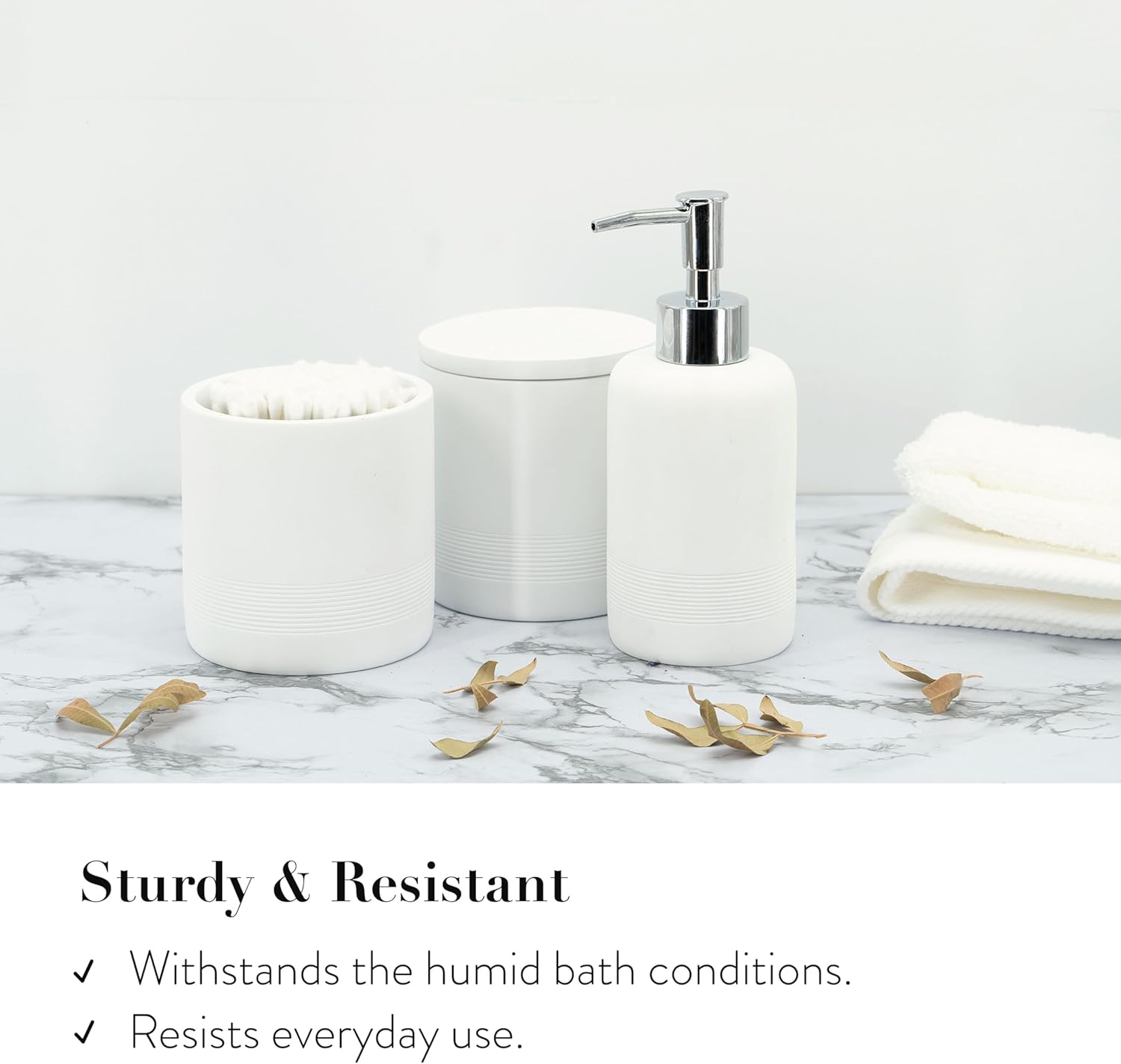 ZCCZ White Bathroom Accessories Set 6 Pieces - Toothbrush Holder, Lotion Dispenser, Qtip Container, Vanity Tray, Tumbler - Countertop Organizer for Bathrooms - Elegant and Functional Décor Set