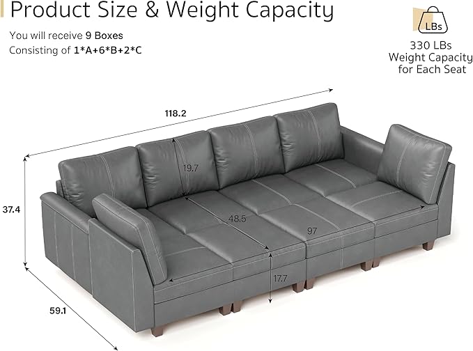 SITJOY 118" Faux Leather Modular Sectional Sofa with Storage, Mid Century Modern Sectional Couches for Living Room, Soft Padded Armrests, 8 Seat Sofa Bed, Gray