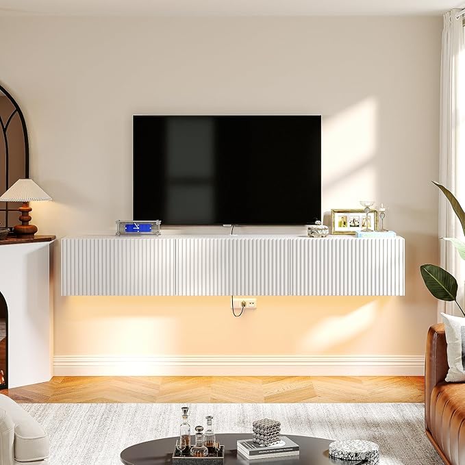 Floating TV Stand with 3 Doors, 55IN Wall Mounted TV Cabinet, Floating Media Console Entertainment Center with Storage, Under TV Shelf for Bedroom Living Room,White