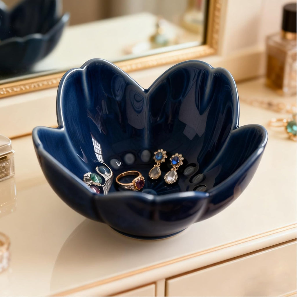 Blue Flower Ring Dish Jewelry Tray, Ceramic Jewelry Dish, Small Trinket Tray, Nightstand Bathroom Decor Ring Holder, Jewlery Plate Bowl for Christmas Friendship Birthday Gifts for Women Mom