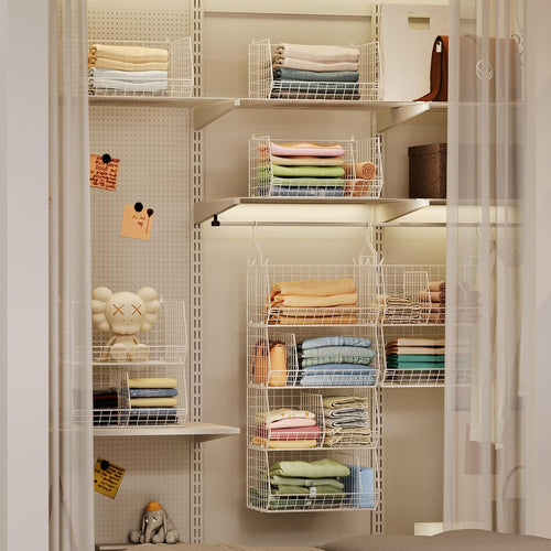 4 Tier Extra Large Hanging Closet Organizer,Closet Organizer Hanging with 5 S Hooks 4 Dividers,Clothes Organizer Clothing Sweaters Clutches Handbags Hats Accessories-White