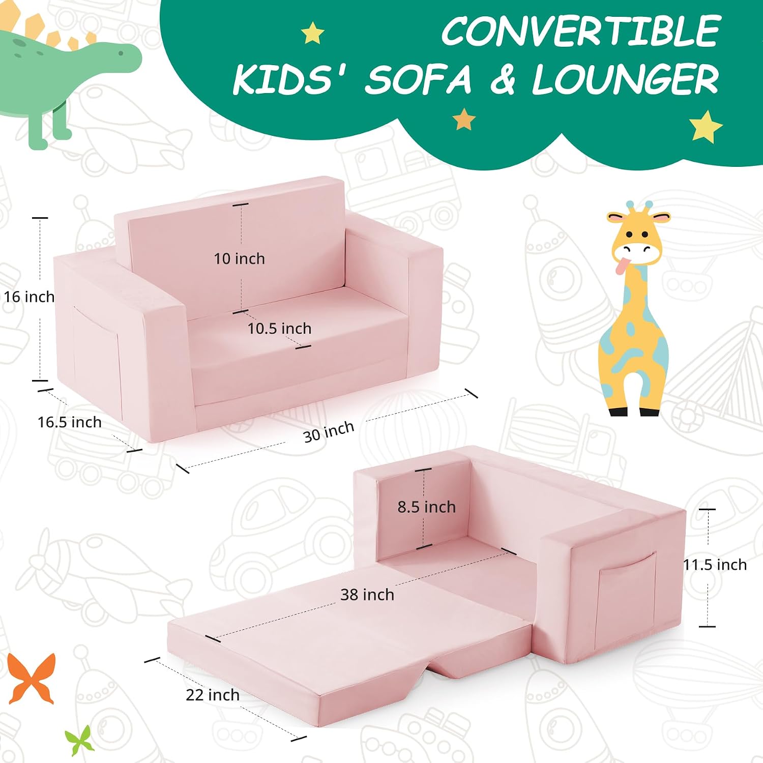 Kids Couch, 2-in-1 Toddler Chair Comfy 1-3 Years, Convertible Kids Chair, Toddler Couch that Fold Out, Kid Lounge Chairs for Boys and Girls Gifts, Kids Recliner, Double, Pink
