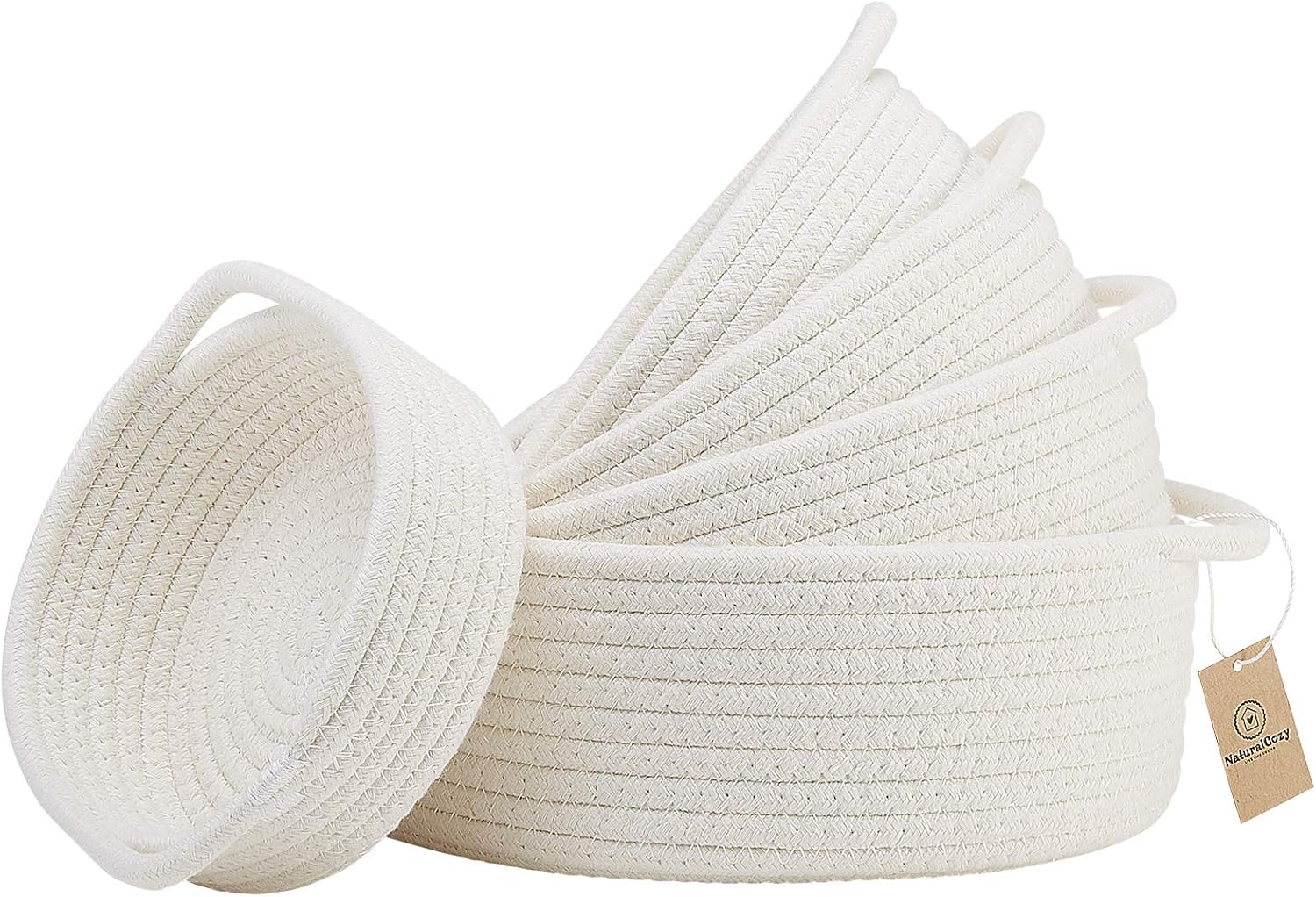5-Piece Round Woven Cotton Rope Storage Baskets for Organizing, Small Shallow Nesting Set for Montessori Toys, Entryway Catchall, Fruit Bowl, Key Tray, Remote Holder, Nursery & Pet Toys