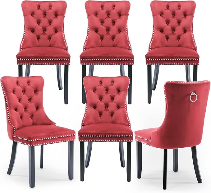 Velvet Upholstered Dining Chairs Set of 6, Modern Style Kitchen Side Chairs with Nailhead Trim and Wood Legs,Metal Pulling Ring for Dining Room Living Room(Wine Red,Set of 6)