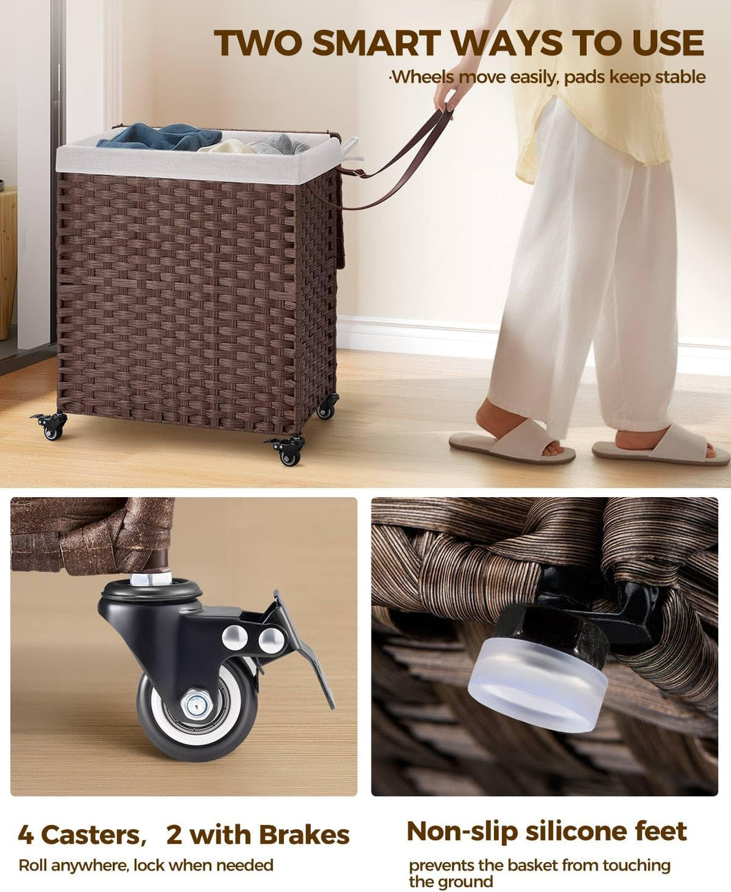 Greenstell Laundry Hamper with Wheels, No Install Needed, 110L Divided Handwoven Hampers & 2 Removable Liner Bags, Rattan Clothes Laundry Basket with Lid & Handles, Foldable Hampers Brown 22x13x26.4In