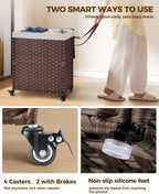 Greenstell Laundry Hamper with Wheels, No Install Needed, 110L Divided Handwoven Hampers & 2 Removable Liner Bags, Rattan Clothes Laundry Basket with Lid & Handles, Foldable Hampers Brown 22x13x26.4In