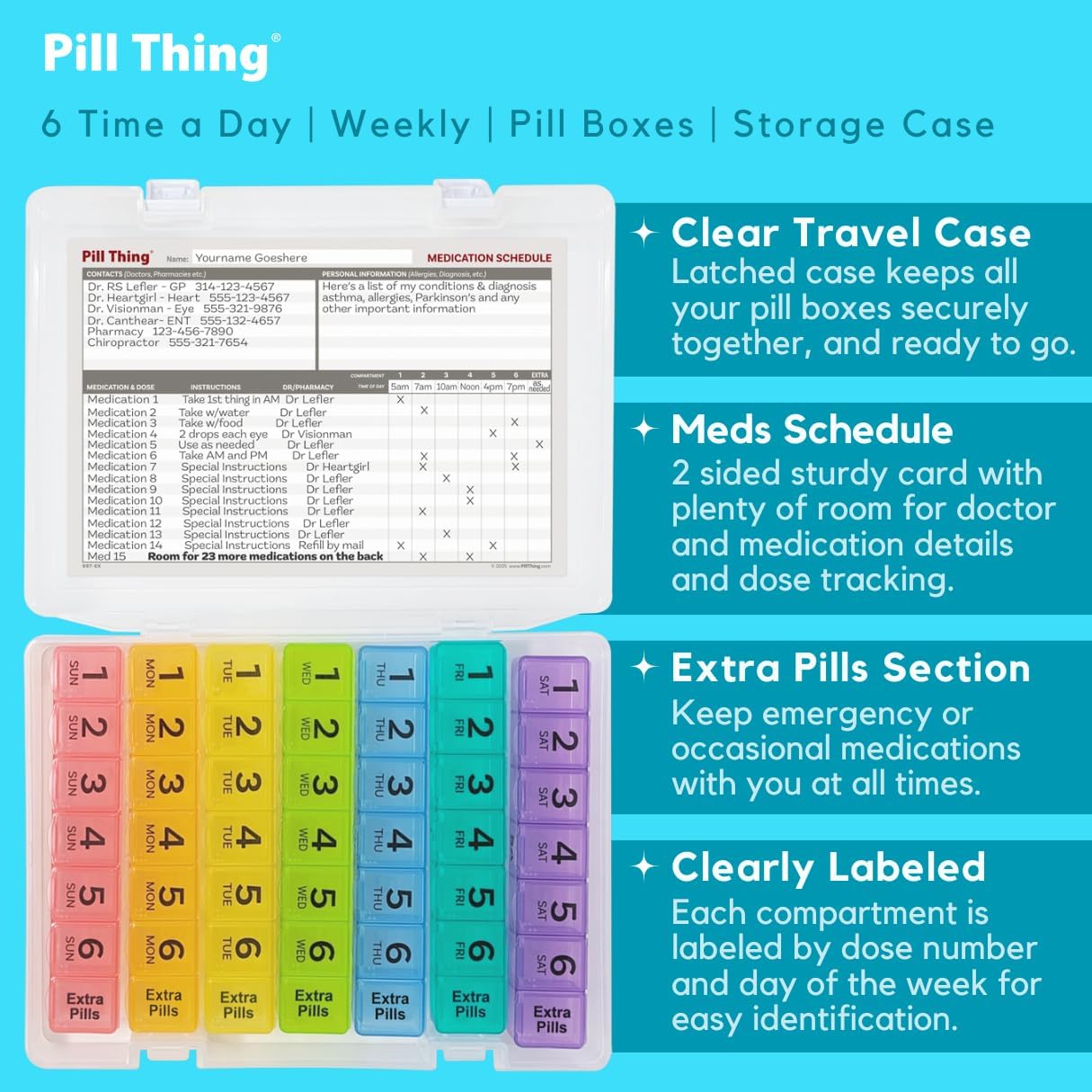 6 Times a Day Weekly Pill Box Organizer Case, Secure 7X Pillbox with Medication Schedule (6 Time-a-Day)